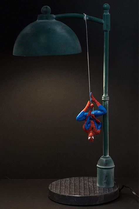 Spiderman Lamp, Marvel Decor, Spiderman Decorations, Spiderman Room, Spider Man Stuff, Hanging Upside Down, Light Post, Man Room, Cool Tables