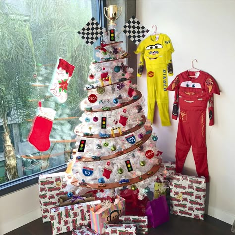 Christmas Tree Ideas Kids, Christmas Tree In Room, Kids Christmas Tree Themes, Kids Christmas Tree Decorations, Cars Christmas Tree, Tree In Room, Yellow Mustang, Car Christmas Tree, Kids Christmas Tree