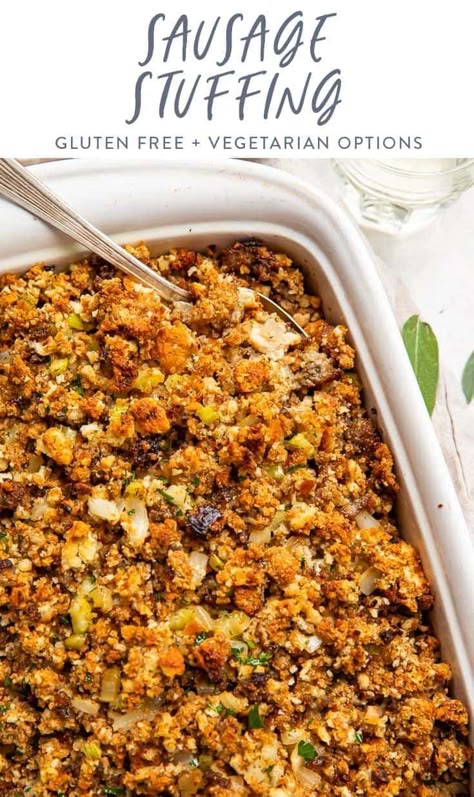 This sausage stuffing comes from my great grandmother - we've been making it for over a hundred years! It's perfect if you ask me, with plenty of savory sausage, aromatics, and easy bread crumbs, delicious as dressing or in a turkey as stuffing. Easy to make and simply the perfect sausage stuffing! #stuffing #thanksgiving #sausage #holidays Green Beans And Red Potatoes, Thanksgiving Sausage, Easy Bread Crumbs, Rice Stuffing Recipes, Stuffing Easy, Gluten Free Stuffing Recipes, Gluten Free Sausage, Stuffing Thanksgiving, 40 Aprons