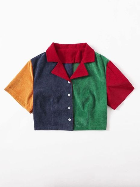 Cartoon Core Aesthetic, Bright Colored Clothes, Colorblock Aesthetic, Colorblock Clothing, Colourful Tops, Colorblock Outfits, Clowncore Shirt, Corduroy Clothes, Kidcore Shirt