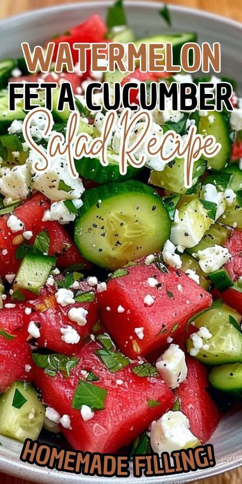 Watermelon salad is the essence of summer. The refreshing combination of sweet watermelon, cool cucumbers, and salty feta with a pop of fresh mint means this watermelon feta salad recipe is easy to make and easy to enjoy with friends and family.Every bite of this watermelon salad is refreshing and packed with sweet and salty flavors. Watermelon season is my absolute favorite! I love the sweet, cool, refreshing taste of this summertime fruit so much that I add it to sangria in my Watermelon Sangria recipe and I even put it on the grill. When it comes to watermelon I do not mess around. Watermelon Sangria Recipe, Feta Cucumber Salad, Summer Picnic Salads, Watermelon Cucumber Feta Salad, French Holiday Recipes, Cucumber Watermelon Salad, Watermelon Feta Salad Recipes, Picnic Salad Recipes, Watermelon Salsa Recipe