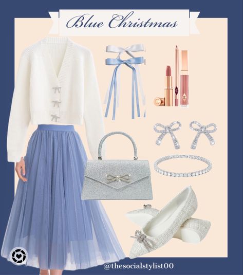 Christmas outfit, holiday outfit, holiday dress, preppy, feminine style White And Blue Christmas Outfit, Pastel Christmas Outfit, Elegant Christmas Outfit Classy, Blue Christmas Outfit, Christmas Outfit Classy, Old Money Christmas, Office Christmas Party Outfit, Elegant Christmas Outfit, Christmas Party Office