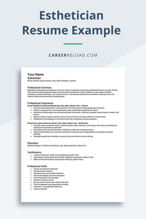 Impress potential employers with your esthetician resume and secure job opportunities in the skincare and beauty industry. #Esthetician #SkinCareTherapists #Beautician #ResumeExample #ResumeWriting Esthetician Resume, Effective Resume, Writing Guide, Action Verbs, Download Resume, Chemical Peel, Best Careers, Job Description, Resume Examples