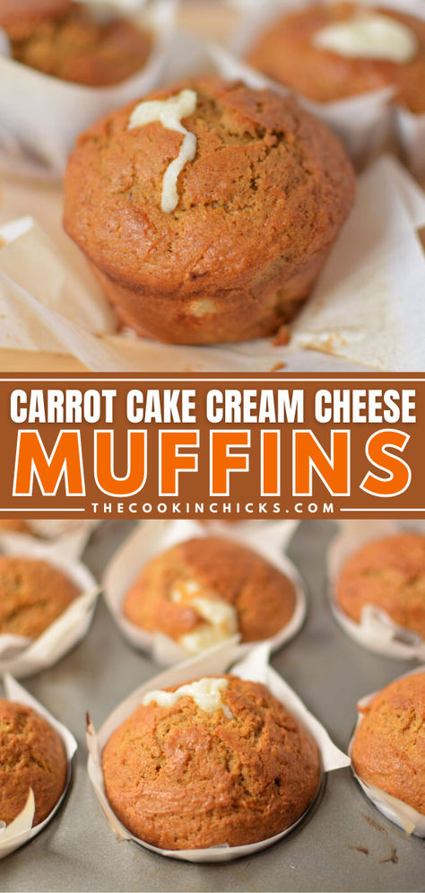 If you love carrot cake, you will LOVE these Carrot Cake Cream Cheese Muffins! Stuffed with a creamy cheesecake center, these muffins are delicious! A moist, perfectly spiced muffin with a sweetened cream cheese center, what’s not to love?! Melt in your mouth and the perfect choice for breakfast, snacks, desserts, and gatherings! Carrot Cheesecake Muffins, Cream Cheese Stuffed Carrot Cake, Cream Cheese Carrot Muffins, Carrot Cupcakes With Cream Cheese, Cream Cheese Stuffed Muffins, Carrot Cream Cheese Muffins, Carrot Cake Muffins With Cream Cheese, Cream Cheese Muffins Recipes, Carrot Muffins Moist