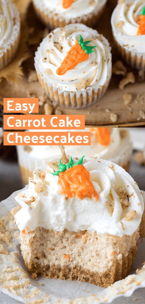 Mini Carrot Cake Cheesecakes made in a muffin pan are easy to make and are the perfect Easter cheesecake to serve for a crowd! These carrot cake cheesecake cupcakes have a graham cracker crust and a creamy carrot and spice cheesecake filling. 30 minutes total to prep and bake, then chill in the fridge until serving. #carrotcakecheesecake #minicheesecakes #eastercheesecake Carrot Cake Cheesecake Cupcakes, Carrot Cake Cheesecake Recipe, Carrot Cheesecake, Easter Carrot Cake, Cheesecake Cupcakes Recipe, Spice Cheesecake, Easter Cheesecake, Mini Carrot Cake, Mini Cheesecake Recipes