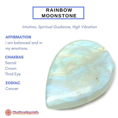 HealingCrystals.com on Instagram: “Rainbow Moonstone, also known as White Labradorite, is an iridescent white crystal that ranges from partially translucent to opaque. It has…” Crystal Grimoire, White Labradorite, Crystal Store, Birth Stones Chart, Rainbow Moonstone Jewelry, Crystals Store, Healing Touch, Iridescent White, Rainbow Rings