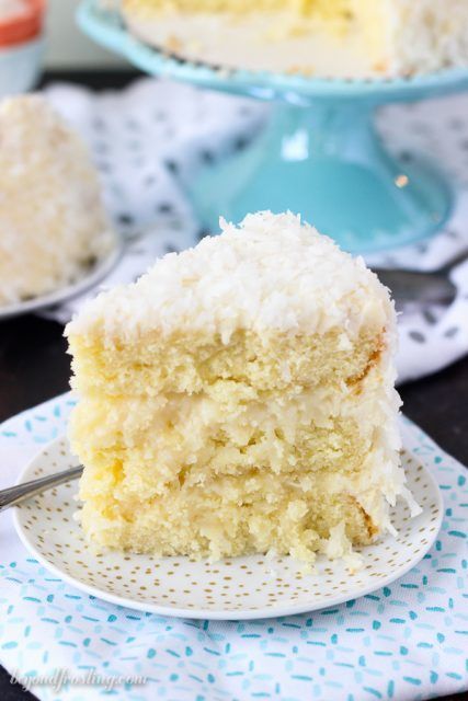 This Coconut Custard Cake is layers of coconut cake, with a coconut custard filling and finished with a cream cheese icing. Coconut Custard Cake, Custard Cake Filling, Beyond Frosting, Coconut Cream Cake, Lemon And Coconut Cake, Cake Filling Recipes, Cake Filling, Coconut Cake Recipe, Coconut Desserts