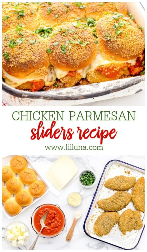 Deliciously cheesy Chicken Parmesan Sliders make a perfect appetizer, but can hold their own as a main dish too! #chickenparmesansliders #chickenparm #sliders #chicken Chicken Parmesan Slider, Chicken Parmesan Sliders Recipe, Halloween Party Cocktails, Cheesy Chicken Parmesan, Food Sliders, Sliders Chicken, Sandwiches Vegetarian, Parmesan Sliders, Italian Appetizers Easy