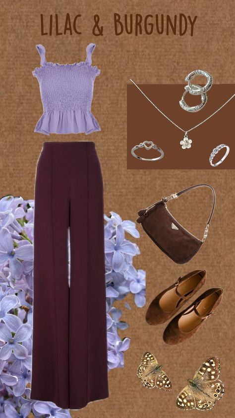 Outfit Idea #outfits #lilac #burgundy Plum Purple Outfit Ideas, Purple And Burgundy Outfit, Lilac And Burgundy Outfit, Eggplant Color Outfits, Lilac And Brown Outfit, Aubergine Outfit, Lilac Outfit Ideas, Lilac Blouse, Cream Outfit