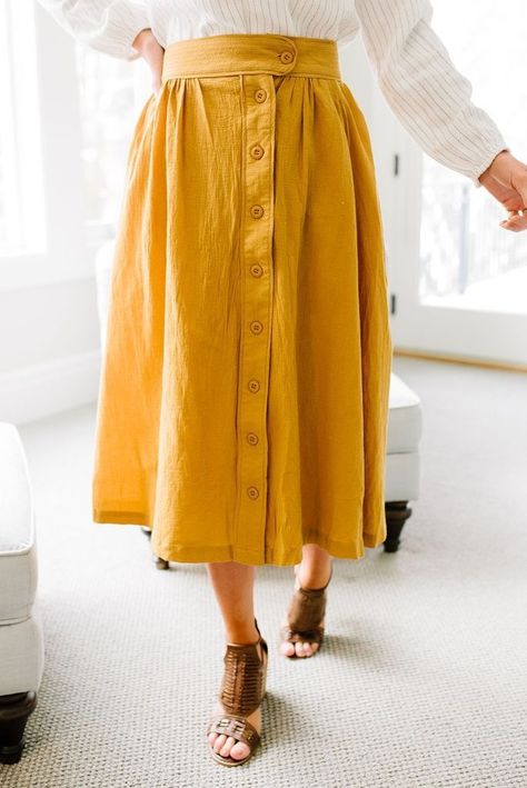 Yellow Skirt Aesthetic, Mustard Aesthetic, Vanity Wardrobe, White Striped Shirt Outfit, Muslim Outfits Summer, Striped Shirt Outfit, Modesty Matters, Print Maxi Dresses, Yellow Midi Skirt