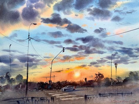 Painting City Sunset Watercolor Original artwork cityscape | Etsy. #beautiful #art #draw #digitalart #gallery #illustration #paint #drawing #abstract #color #popart #watercolor #artworks #galleryart #graphicart City Sunset, Reflection Painting, Watercolor Clouds, Watercolor Blog, Watercolor Sunset, Sunset City, Watercolor Landscape Paintings, Watercolor Art Lessons, Art On Paper