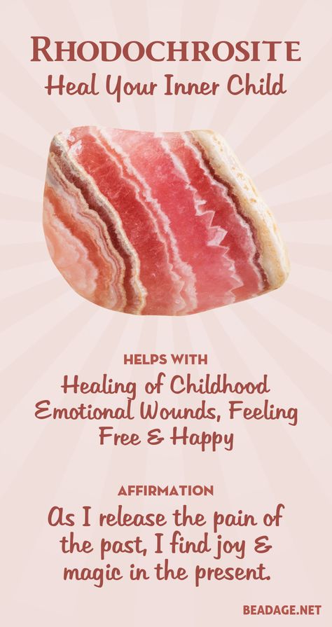 Rhodochrosite is a powerful stone for emotional healing. It helps you gently revisit painful childhood memories, heal the past, and reclaim the parts of yourself that you may have suppressed or disowned for emotional survival. It is also a stone of joy and nurturing, helping you access the freedom and magic of a child when they feel safe and loved. Learn more about Rhodochrosite meaning + healing properties, benefits & more. Packing Bubble Wrap, Crystals Healing Properties, Spiritual Crystals, Crystal Therapy, Crystal Healing Stones, Rocks And Gems, Chakra Crystals, Energy Crystals, Inner Child