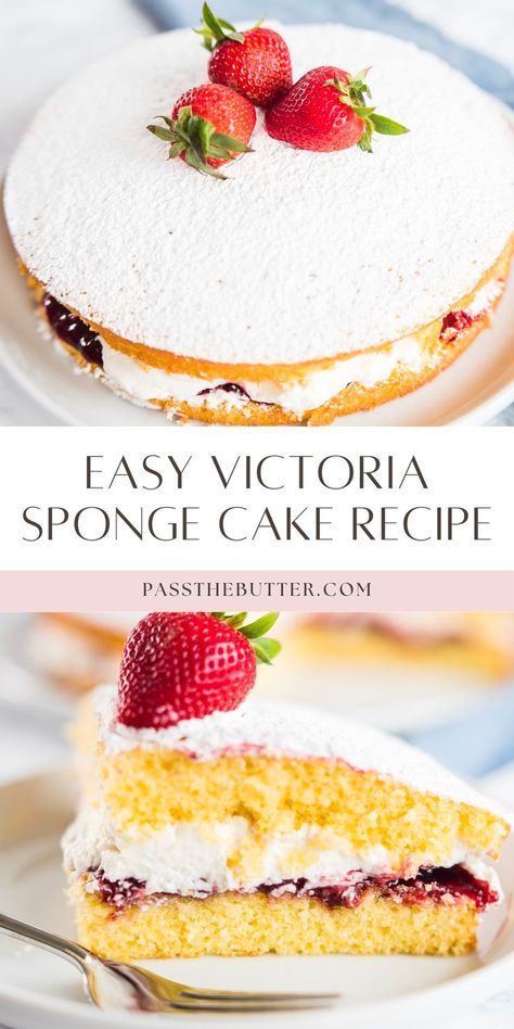 Make a victorian sponge cake, also known as a victoria sandwich cake, with this easy recipe. It's known as the easiest cake to make for good reason. This classic victoria sponge cake is moist, light, and delicious, making it a perfect treat for any occasion. Whether you're a beginner or an experienced baker, this recipe guides you through the simple steps to create a beautifully layered cake filled with jam and cream. British Sponge Cake Recipe, Victorian Sponge Cake Recipe, Light Birthday Cake, Victorian Sponge Cake, Sponge Cake Recipe Best, Sandwich Cake Recipe, Victoria Sponge Cake Recipe, Easy Sponge Cake Recipe, Victoria Sponge Recipe