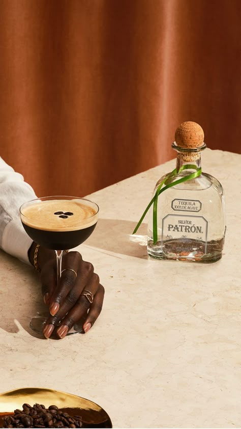 Patrón Silver Espresso Martini—shaken, not stirred. Classic and sophisticated, yet distinctly contemporary, craft one for your next summer soirée. Recipe: • 1.5 oz Patrón Silver • 1.5 oz Chilled Espresso • .5 oz Demerara Syrup* • 1 small pinch of Sea Salt Method: Combine all ingredients in a shaker with ice and strain into a cocktail coupe with 3 coffee beans for garnish. #cocktails #patrontequila #cocktailinspiration #summercocktails #espressomartini #coffeecocktails #makesummersensational Espresso Martini Photography, Cocktail Editorial, Esspresso Martini, Cocktail Photoshoot, Hennessy Bottle, Expresso Martini, Cake Background, Espresso Martini Recipe, Cherry Compote