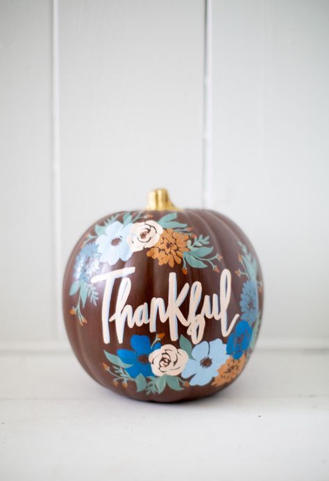 Hand Painted Faux Pumpkin - Medium  - 8" - Thankful with Blues and Browns - Fall - Halloween Pumpkin Painting Ideas Black And White, Painted Pumpkins Thanksgiving, Thanksgiving Painted Pumpkins, Modge Podge Pumpkins, Drawing On Pumpkins With Sharpie, Christmas Pumpkins Painted, Thanksgiving Pumpkins Painting, Pumpkin Painting Ideas Simple, Floral Pumpkin Painting