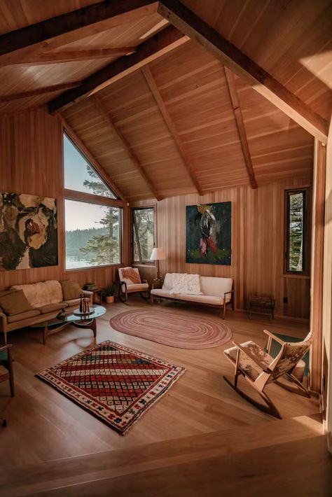 Photo 4 of 19 in A Maine Couple Find Their Passion for Design in an Island Cabin Renovation from The 20 Most-Liked Homes on Our Instagram in 2023 - Dwell Topanga House, 70s Cabin, Coastal Cabin, Cabin Renovation, Cabin Modern, Floor Lighting, Light Hardwood, Light Hardwood Floors, House Design Photos