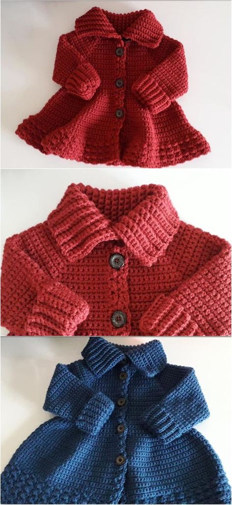 Crochet High Neck Coat For Girls Crochet Coat Free Pattern, Crochet Set Pattern, Crochet Coat Pattern, High Neck Coat, Crochet Patterns Ideas, Crochet High Neck, Toddler Coat, Baby Sweater Patterns, Crochet Baby Cardigan