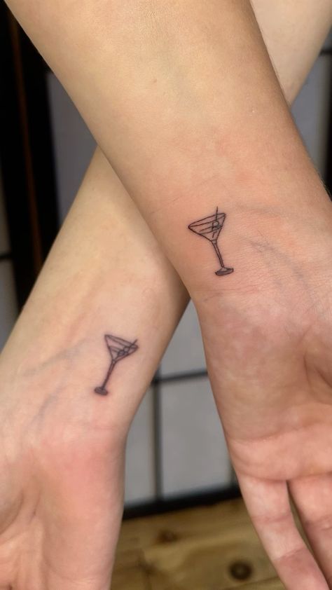 Bff Matching Tattoos Aesthetic, Martini Glass Tattoos, Matching Martini Glass Tattoos, Alcohol Matching Tattoos, Tiny Martini Glass Tattoo, Small Vegas Tattoo, Margarita Tattoo Drinks, Tiny Bff Tattoos, Matching Tattoos Besties