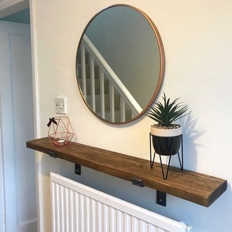 Hall Radiator, Hall Ways Ideas, Entrance Hall Decor, Radiator Shelf, Shelf Cover, Narrow Hallway Decorating, Scaffold Boards, Iron Brackets, Hallway Designs