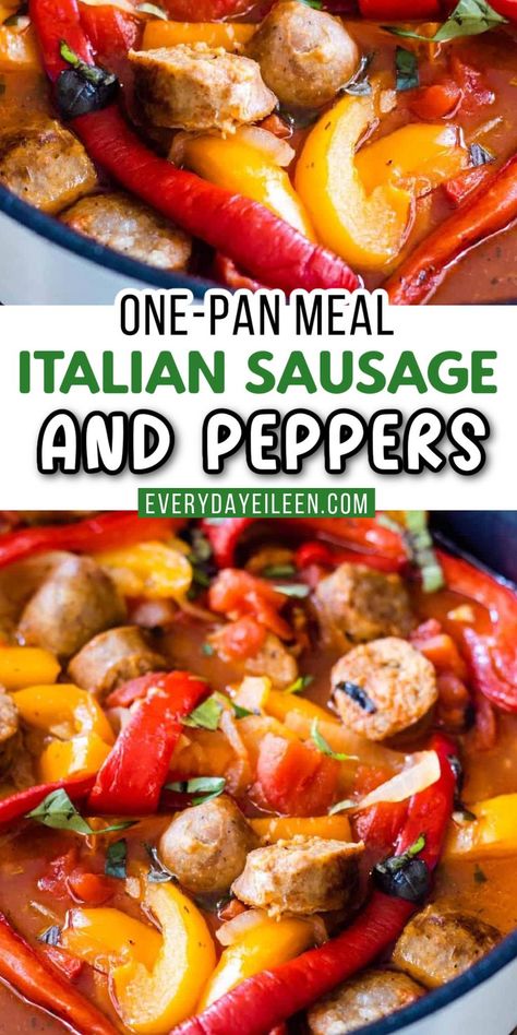 One pan with peppers and sausage with Pinterest overlay. Sausage And Peppers Dinner, Sweet Sausage Recipes, Sweet Italian Sausage Recipes, Sausage Crockpot Recipes, Pepper Recipes Healthy, Sausage And Peppers Recipe, Sausage And Peppers Pasta, Italian Sausage And Peppers, Turkey Sausage Recipes