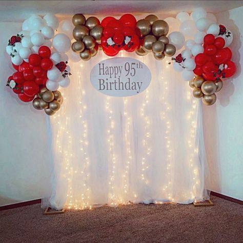 Draped backdrop with lights and balloons Backdrop With Lights, Draped Backdrop, Curtains Backdrop, Ceiling Drapes, Curtain Backdrop, 95 Birthday, Ceiling Draping, Curtain Backdrops, Light Backdrop