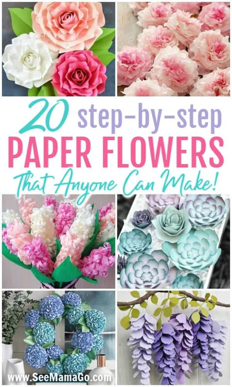 Step By Step Paper Flowers, Flowers Diy Easy, Cricut Flowers, Paper Flowers Diy Easy, Diy Fleur, Fleurs Diy, Flowers Craft, Paper Flower Crafts, Paper Flower Template