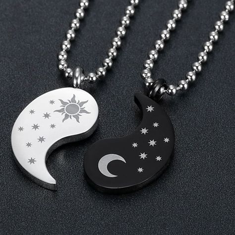 Celebrate your love and unity for one another with this personalized yin yang pendant. This yin yang pendant includes two chains, one for each person. The celestial design includes a sun on one side and moon on the other with stars sparkling around them. Personalize each pendant on the back side with a name. A wonderful gift to celebrate an anniversary, Valentine's day or special occasion. Each pendant measures apx. 1" Tall x 5/8" Wide Includes 2 bead chains Stainless Steel Sun And Moon Couple Necklaces, Moon And Sun Necklace, Couples Necklace, Yin Yang Necklace, Pink Jewelry Box, Celestial Design, Friendship Necklaces, Couple Necklaces, Pink Jewelry