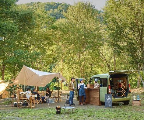 Camping Cafe Design, Camping Cafe, Van Cafe, Japan Camping, Coffee Booth, Coffee Camping, Camping Bar, Camping Projects, Coffee Poster Design