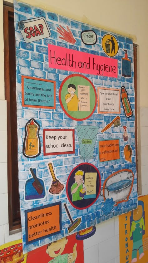 Health and hygiene Health And Cleanliness Poster, Health Corner Classroom Display, Hygiene Board Ideas, Health Hygiene Posters, Cleanliness And Hygiene Poster, Health Corner Classroom Ideas, Poster About Cleanliness In School, Health And Hygiene Posters Drawing, Health And Hygiene Posters For School