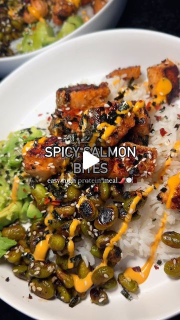 Jordan Artman on Instagram: "You HAVE to try these Spicy Salmon Bites for an easy & protein packed meal idea!! I love to prep it for lunches or make it for dinner❤️‍🔥🌶️👩‍🍳

RECIPE:

Ingredients
•	1 lb salmon, cut into 1-inch cubes
•	2 cups cooked white rice🍚
•	1 cup shelled edamame, microwaved🫛
•	3 tbsp soy sauce
•	2 tbsp sriracha (or more depending on spice preference🌶️)
•	1 tbsp sesame oil
•	2 tbsp chili onion crunch from TJ’s
•	1 tbsp minced garlic
•	3 tbsp Japanese BBQ sauce
•	1 avocado cut into cubes

Toppings I used: Spicy Mayo, red pepper flakes, sesame seeds, furikake

Instructions
1. Marinate Salmon: In a bowl, mix 2 tbsp soy sauce, 1 tbsp sriracha,  1 tsp sesame oil, 2 tsp garlic, and 2 tbsp BBQ sauce and the salmon cubes

2. Cook Edamame: Heat a pan over medium high heat Spicy Salmon Bites, Marinate Salmon, Salmon Cubes, Japanese Bbq Sauce, Chili Onion Crunch, Shelled Edamame, Cooked White Rice, Japanese Bbq, Easy High Protein Meals