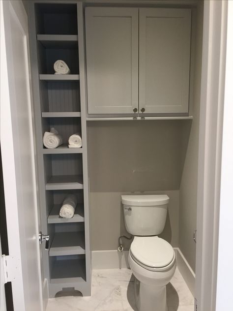 Washroom Closet Organization, Creative Bathroom Towel Storage, Built In Storage Around Toilet, Built In Shelves Over Toilet, Around Toilet Storage, Behind Toilet Storage, Bathroom Cabinets Over Toilet, Bathroom Storage Over Toilet, Small Full Bathroom