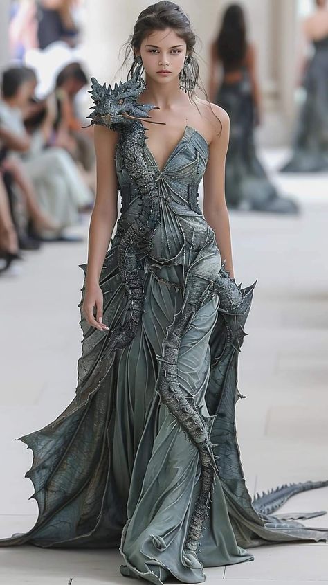 Dragon Haute Couture, Armor Ballgown, Dragon Fashion Inspiration, Villain Ball Gown, Dragon Scale Dress Fantasy Gowns, Dragon Fashion Design, Met Gala Looks Ideas, Mythical Dresses Gowns, Dragon Themed Dress