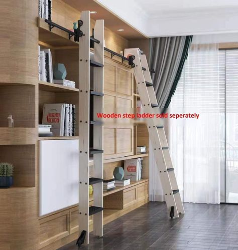 Amazon.com: DIYHD 13.2FT Sliding Library Ladder Black Track Kit,Stand Up Tensible Rolling Hardware,Floor Wheel with Brake : Tools & Home Improvement Sliding Ladder Bookshelf, Library Ladders Rolling, Sunroom Library, Black House Design, Wooden Step Ladder, Sliding Ladder, Rolling Ladder, Library Ladder, Interior Design Plan