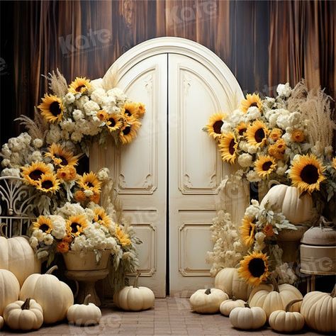 Kate Autumn/Fall Sunflower White Pumpkin Barn Thanksgiving Day Backdro Fall Church Decorations, Fall Photo Booth, Autumn Window Display, Fall Backdrops, Brick Backdrops, Garden Backdrops, Stage Decor, Harvest Party, Fall Fest