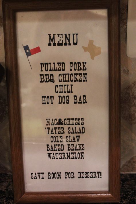 Texas / Cowboy theme - custom menu Texas Bbq Party Decorations, Country Singer Birthday Party, Old Western Theme Party, Texas Theme Birthday Party, Western Anniversary Party Ideas, Country Theme Party Decorations, Texas Party Ideas, Texas Bbq Party, Texas Themed Party