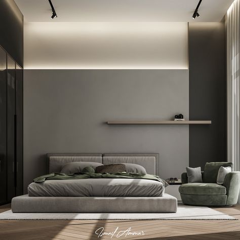 Boy Bedroom in #kuwait 🇰🇼 Assigned to: BOLD Co. Simple Geometry: This composition of the wall behind the bed is only formed of 2 straight lines, dividing the wall into three rectangles:white, gray & black. Creating two levels, emphasizing the height of the space using hidden light. #interiordesign #interior #bedroom #bedroomdecor #decor #تصميم_داخلي #غرف_نوم #ديكور #الكويت Lighting Behind Bed, Behind The Bed Wall Decor, Wall Behind Bed, Hidden Light, Hidden Lighting, Bed Wall Decor, Sleeping Room, Interior Bedroom, Boy Bedroom