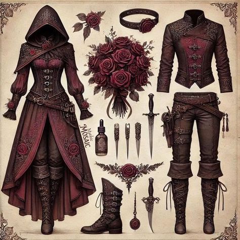 Female Rouge Outfit, Outfit Fantasy Design, Clothes Fantasy Design, Red Fantasy Outfit, Fantasy Outfits Design, Fantasy Outfits Art, Fantasy Dress Art, Fantasy Clothes Ideas, Character Art Styles