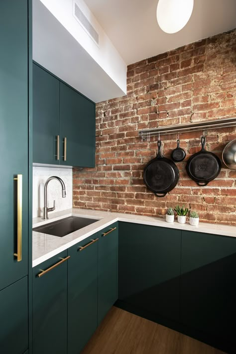 Dark Green Kitchen Brick Wall, Green Kitchen Cabinets Brick Wall, Dark Green Kitchen Cabinets Brick Backsplash, Green Kitchen With Brick Wall, Exposed Rsj Kitchen, Green Brick Kitchen, Interior Exposed Brick, Brick Backsplash Green Cabinets, Dark Moody Kitchen Cabinets