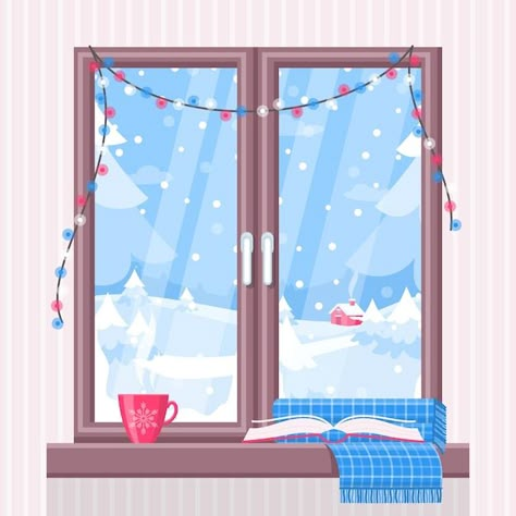 Free vector flat winter window illustrat... | Free Vector #Freepik #freevector #snow-window #winter-window #winter-illustration #winter-season Snow Window, Cozy Winter Night, Window Illustration, Winter Window, Winter Illustration, New Year Cards, Interior Illustration, Winter Night, New Year Card