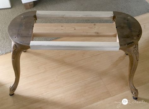 French Bench from Repurposed Barstool Legs, full picture tutorial at MyLove2Create Barstool Bench, French Stencil, Spring Clean Up, French Bench, Making A Bench, Upcycle Repurpose, Savvy Southern Style, Picture Tutorial, Piano Bench