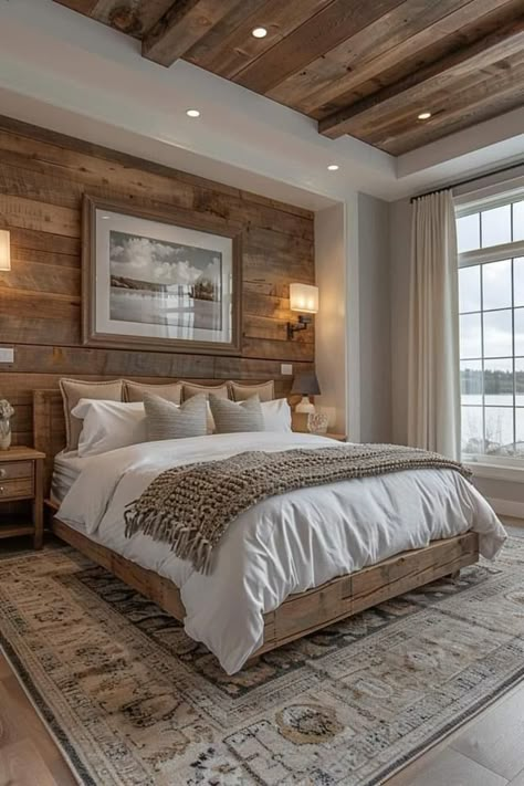 Modern Lake House Bedroom, Modern Cabin Bedroom, Rustic Farmhouse Bedroom, Lake House Bedroom, Cabin Bedroom, Bedroom Decor Cozy, Farmhouse Bedroom Decor, Modern Cabin, Farmhouse Bedroom