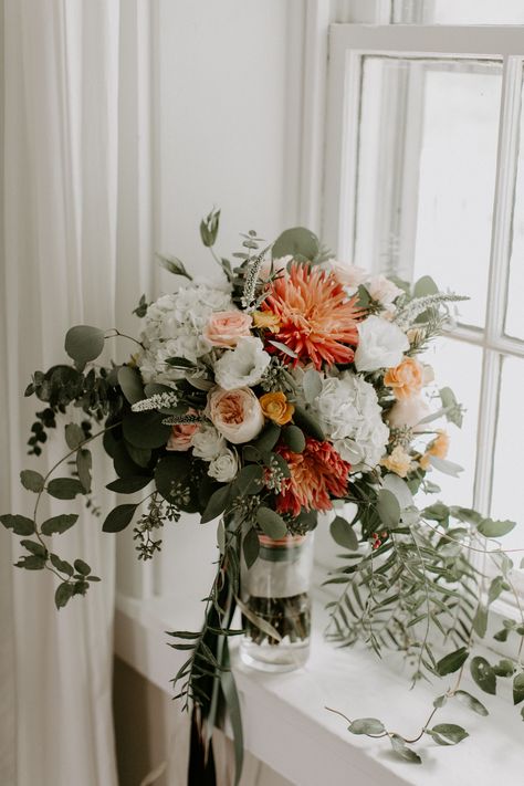 Southern Flower Bouquet, Eucalyptus Peony Wedding, Wedding Flowers With Sage Dresses, Dahlia Eucalyptus Bouquet, Hydrangea And Dahlia Bouquet, Peonies And Hydrangeas Bouquet, Hydrangea Flower Arrangements Wedding, Peony Wedding Bouquet Summer, August Bridal Bouquet