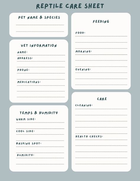 This is a digital care sheet that can be printed and filled out to give to pet sitters or anyone that will be spending time with your reptile(s). It is a great way to make sure that whoever is taking care of your pets will have all the information that that need. This will give you a peace of mind knowing that the sitter will know how to make sure your reptile(s) is happy and safe Reptile Care Sheet, Beginner Reptiles Pets, Leopard Gecko Feeding Schedule, Iguana Care, Pet Information Sheet Free Printable, Bearded Dragon Weight Chart, Pet Care Printables, Pet Planner, Binder Journal