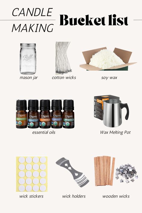 All the essential items you need to start candle making🕯️ - Mason jar - Cottton wicks - Soy wax - Essential oils - Wax melting pot - Wick stickers - Wick holders - Wooden wicks  #affiliate Candle Making Wooden Wick, Diy Candle Wick, Diy Candles Homemade, Wooden Wick Candles, Wood Wick Candles, Wicks, Wooden Wick, Homemade Candles, Diy Candles