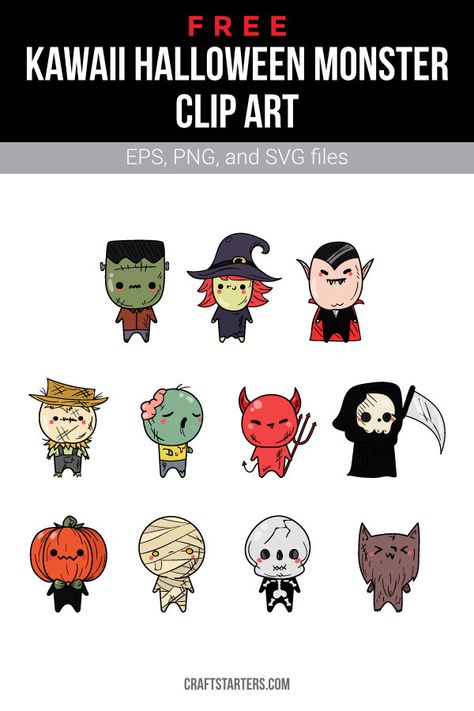 How To Draw Clipart, Easy Clay Ideas Halloween, Cartoon Monsters Drawing, Halloween Design Illustration, Cute Monster Character Design, Chibi Monster, Chibi Halloween, Cute Halloween Clipart, Kawaii Monster