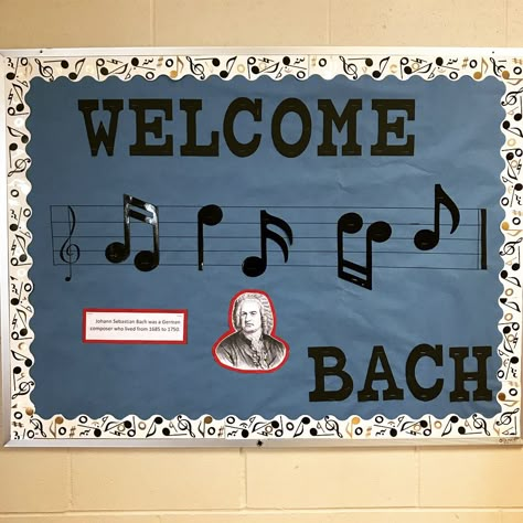 Welcome Bach music bulletin board Music School Bulletin Boards, Music Bulletin Boards Elementary Back To School, Piano Bulletin Board, Music Hall Pass Ideas, Middle School Music Bulletin Boards, Band Room Bulletin Boards, Music Theme Bulletin Board Ideas, Orchestra Bulletin Boards, Musical Bulletin Board Ideas