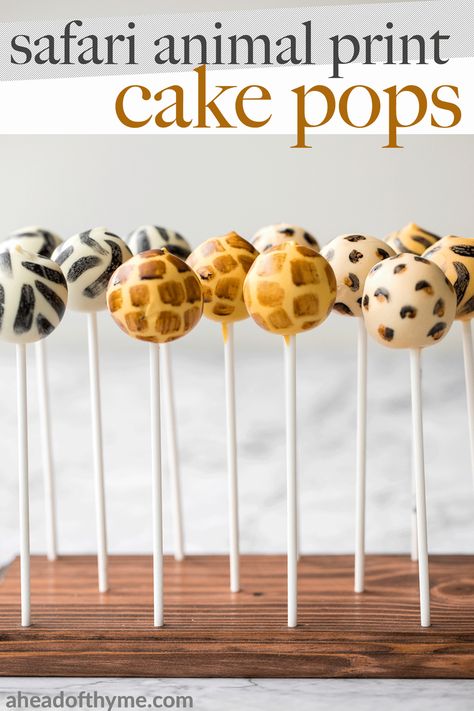 Bold safari animal print cake pops with vanilla cake and buttercream and coated in white chocolate will be the showstopper at your safari jungle party. | aheadofthyme.com #cakepops #animalcakepops #safaricakepops #junglecakepops #animalprint #wildone #safaribirthday #jungleparty via @aheadofthyme Animal Print Cake Pops, Cake Pops From Scratch, Jungle Cake Pops, Yellow Cake Pops, Fancy Cake Pops, Vanilla Cake Pops, Animal Cake Pops, Jungle Birthday Cakes, Leopard Print Cake