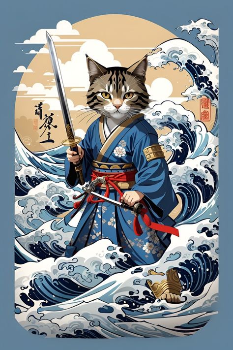 Samurai Cat Wallpaper, Samurai Cat Art, Sunset Graphic Design, Cat Japanese Art, Vintage Cat Art, Japanese Sunset, Cat Samurai, Sunset Graphic, Japanese Pop Art