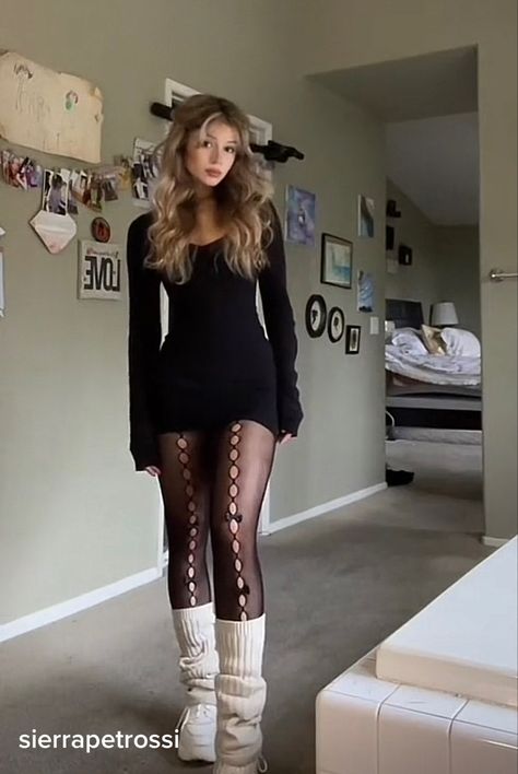 How To Style A Choker, Sweater Dress Outfit Aesthetic, Outfits With Fleece Tights, Lace Tights Outfit Grunge, Thanksgiving Goth Outfit, Concert Outfit Ideas Colorful, Goth Dress Outfit Ideas, Torn Stockings Outfit, Minidress Tights Outfit