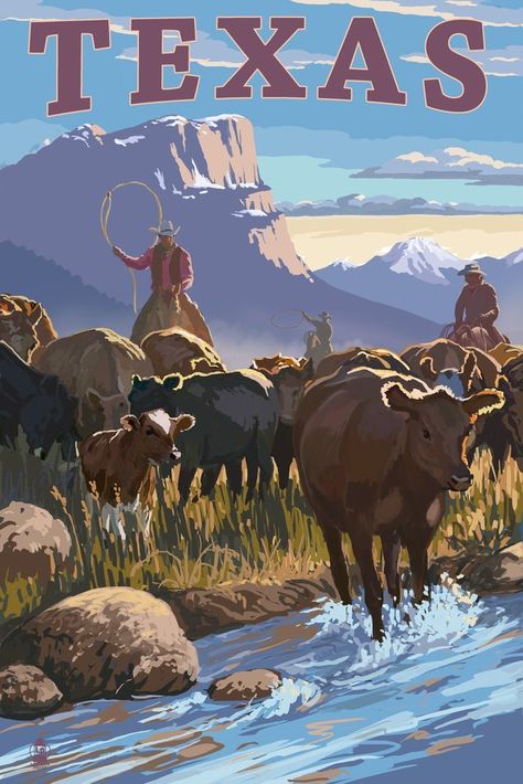 Texas - Cowboy Cattle Drive Scene (36x54 Giclee Gallery Print, Wall Decor Travel Poster) ** Awesome product. Click the image : Dining Entertaining Cheyenne Wyoming, Wyoming Cowboys, Cattle Drive, Wood Postcard, Retro Travel Poster, Large Framed Prints, Sedona Arizona, Vintage Travel Posters, Hanging Art